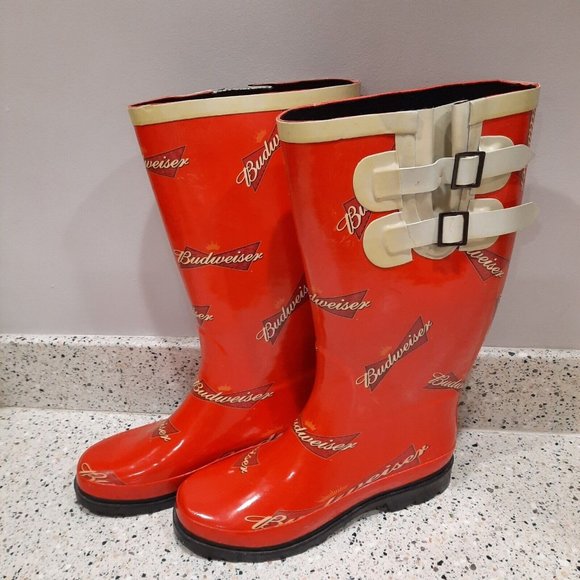 Budweiser Tall Rain Boots Size 8 Red Budweiser Logo Rubber - Picture 2 of 6